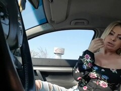 Hot blonde suck her boss's dick in a public parking-Car blowjob Thumb